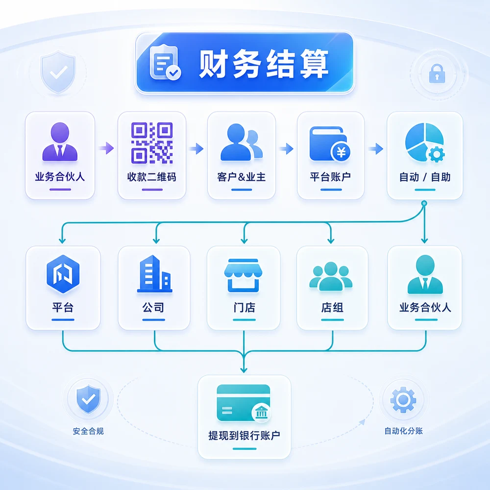 业务合伙人收款、五级分账与银行提现流程